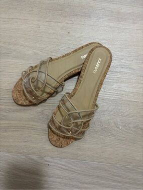 Kaanas Beige Cork Slide Sandals with Clear Straps